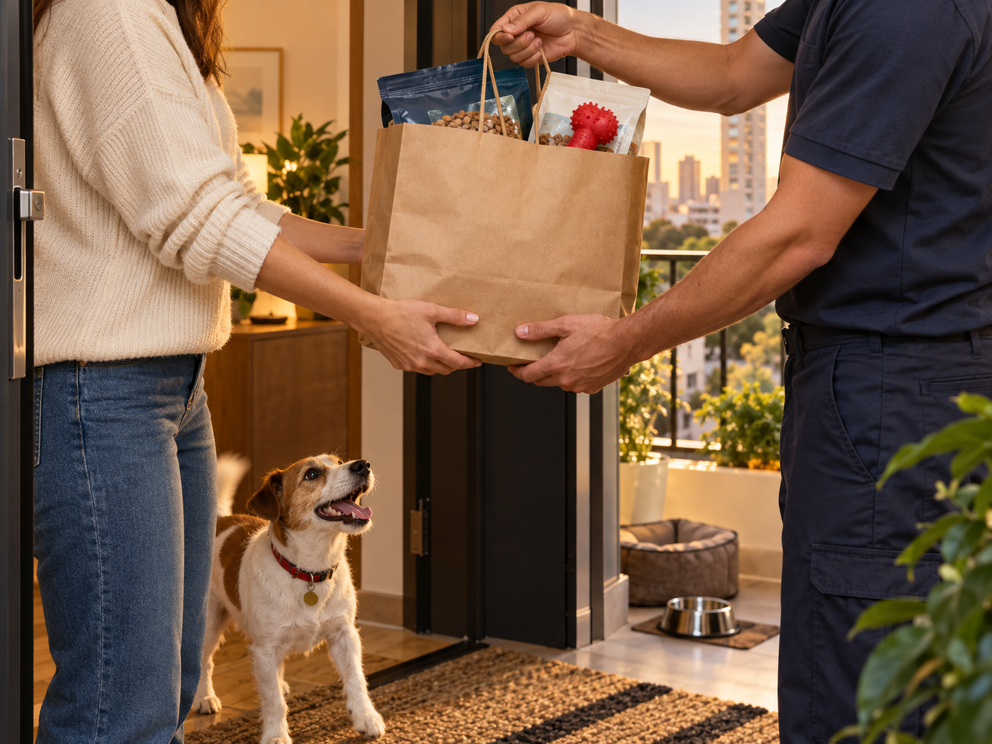 Entrega cuidadosa de produtos para um tutor e seu cachorro